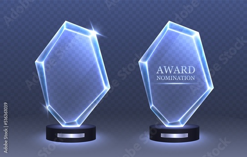 Glass trophy, award nomination winner. Realistic crystal award with silver plate isolated on a transparent background. Vector illustration.
