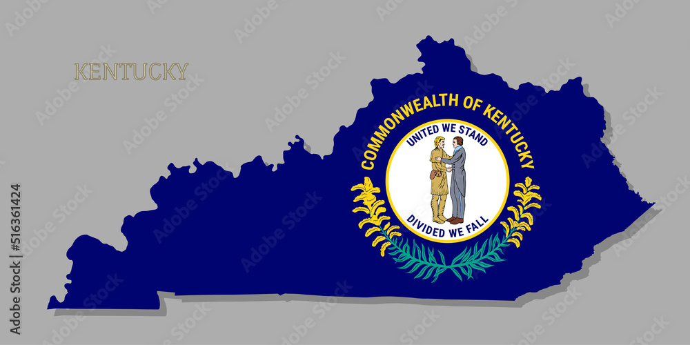 Map of Kentucky USA federal state with flag inside. Highly detailed map