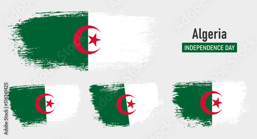 Textured collection national flag of Algeria on painted brush stroke effect with white background