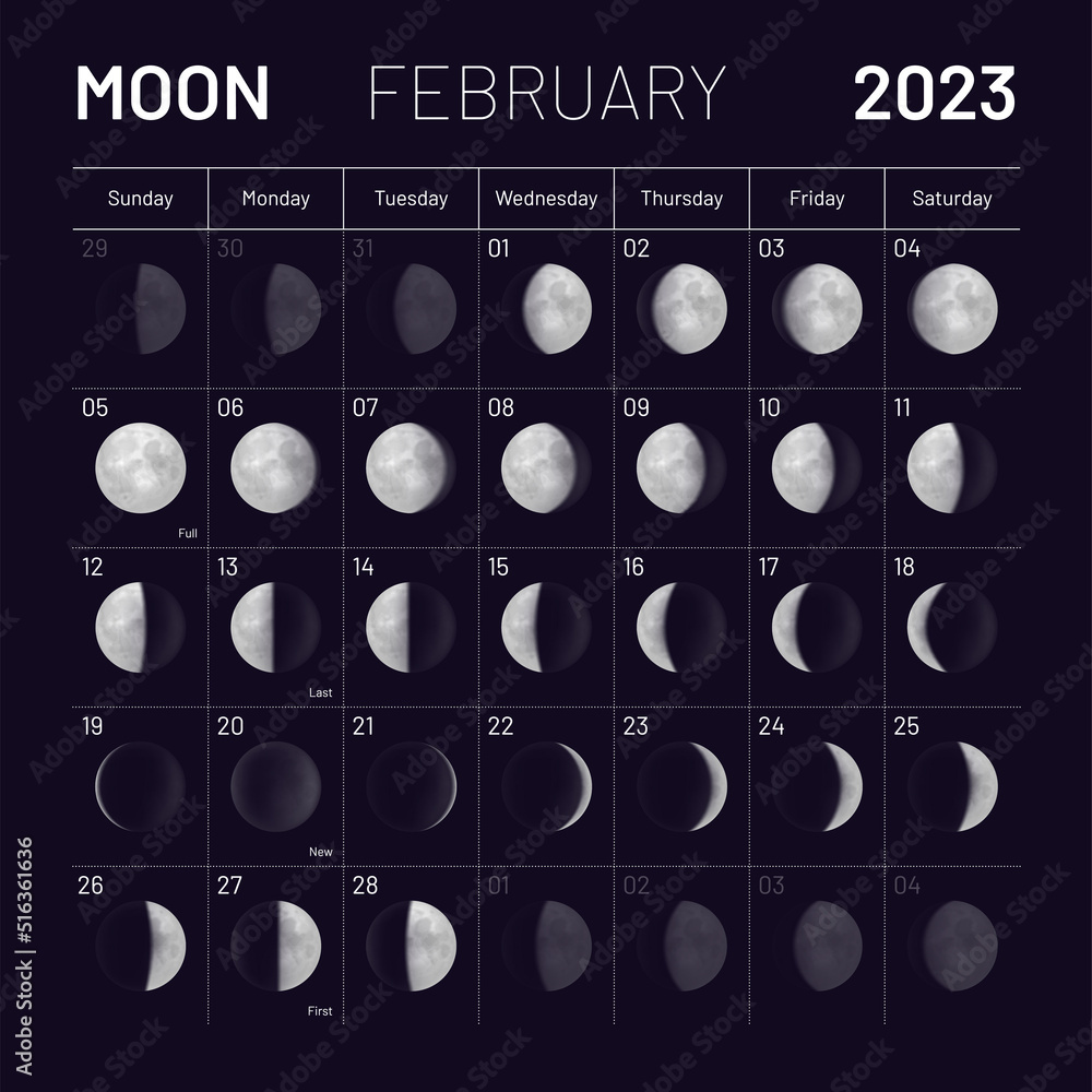 February lunar calendar for 2023 year, monthly cycle planner