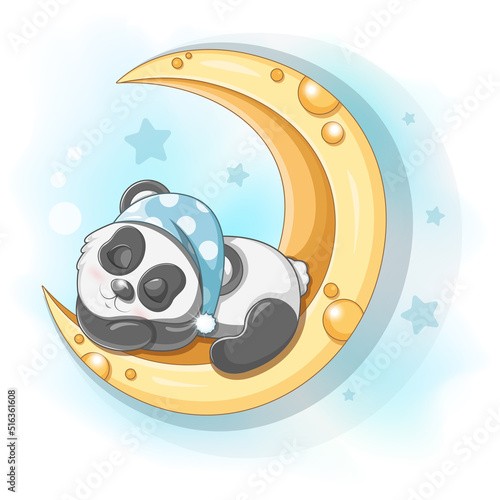 Cute cartoon panda sleeping on the moon