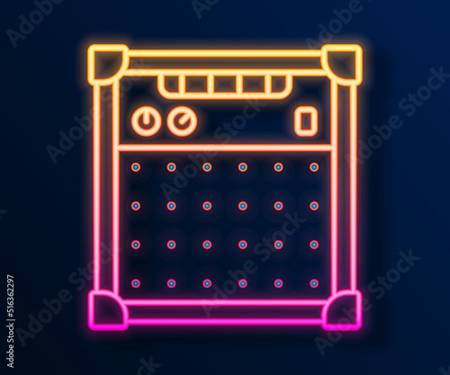 Glowing neon line Guitar amplifier icon isolated on black background. Musical instrument. Vector