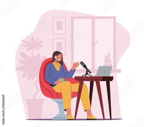 Online Broadcast Concept. Dj Female Character Record Podcast at Home, Woman Sitting at Desk with Microphones and Laptop