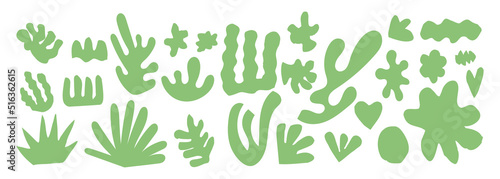 Set of green bush or shrubbery silhouette flat vector illustration. Simple garden landscape with cartoon shrub. Summer backyard grass, hedge, vegetation. Abstract plant isolated on white background