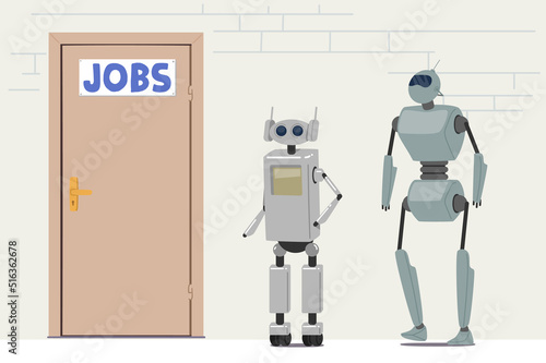Robots Waiting Invitation for Job Interview at Lobby front of Door. Machine Characters Hiring in Office, Cyborg Hire Job