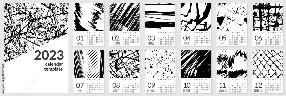 Vertical wall calendar template for 2023 year. Set of 12 months. Week starts on Sunday. Planner in minimalist style with place for photo. Vector editable corporate and business calendar page template Vertical wall calendar template for 2023 year. Set of 12 months. Week starts on Sunday. Planner in minimalist style with place for photo. Vector editable corporate and business calendar page template