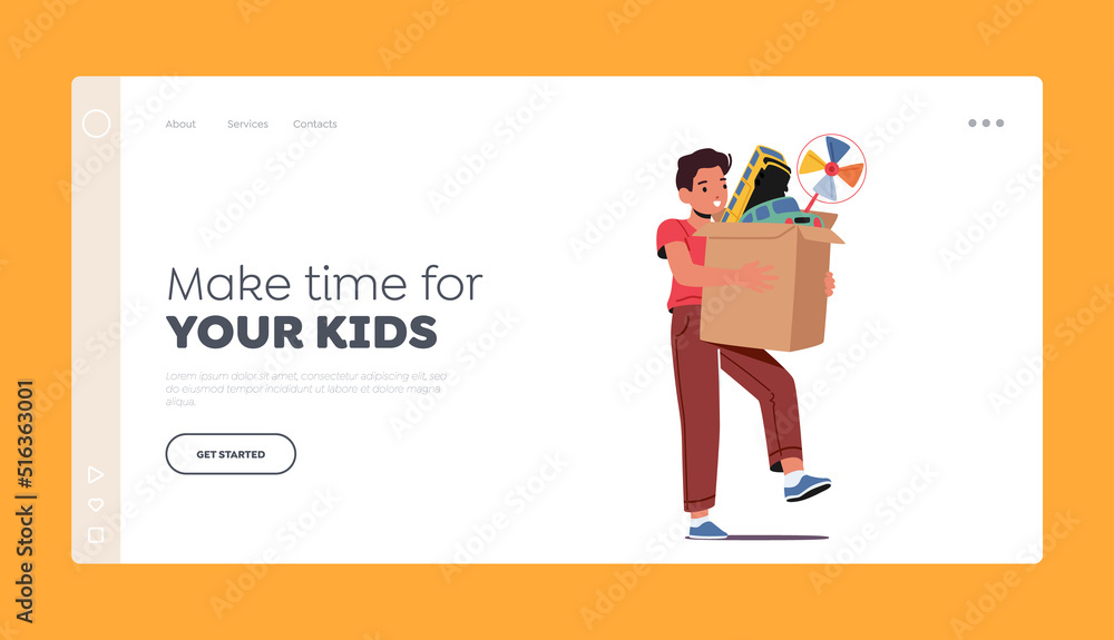 Obraz premium Make Time for your Kids Landing Page Template. Little Boy Carry Box with Toys, Child with Play Things, Infant Sparetime