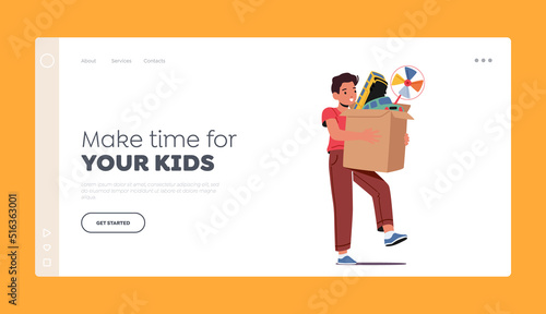 Make Time for your Kids Landing Page Template. Little Boy Carry Box with Toys, Child with Play Things, Infant Sparetime