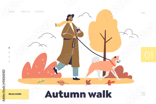 Autumn walk concept of landing page with man in trendy trench walking dog in park