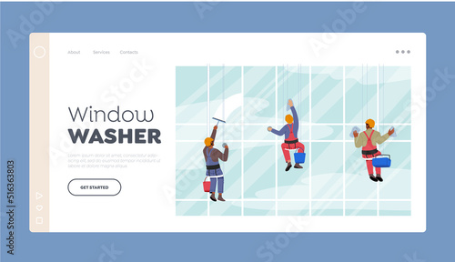 Washers Landing Page Template. Male Characters Washing Window with Wiper Hanging on Ropes. Men Professional Employees