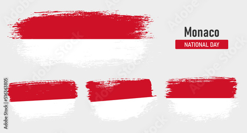 Textured collection national flag of Monaco on painted brush stroke effect with white background