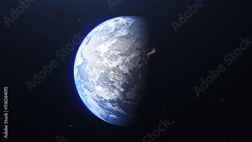 Sphere of nightly Earth planet in space. City lights on planet. Life of people. Green planet or Globe on galaxy. Solar system element. Elements of this image furnished by NASA