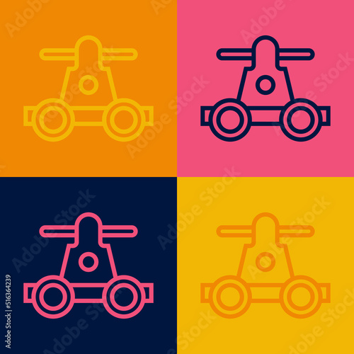 Pop art line Draisine handcar railway bicycle transport icon isolated on color background. Vector