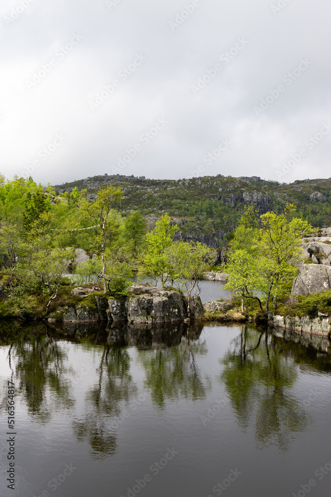 Lake surrounded by rocks and trees on a cloudy Norwegian day, on the way to Preikestolen.