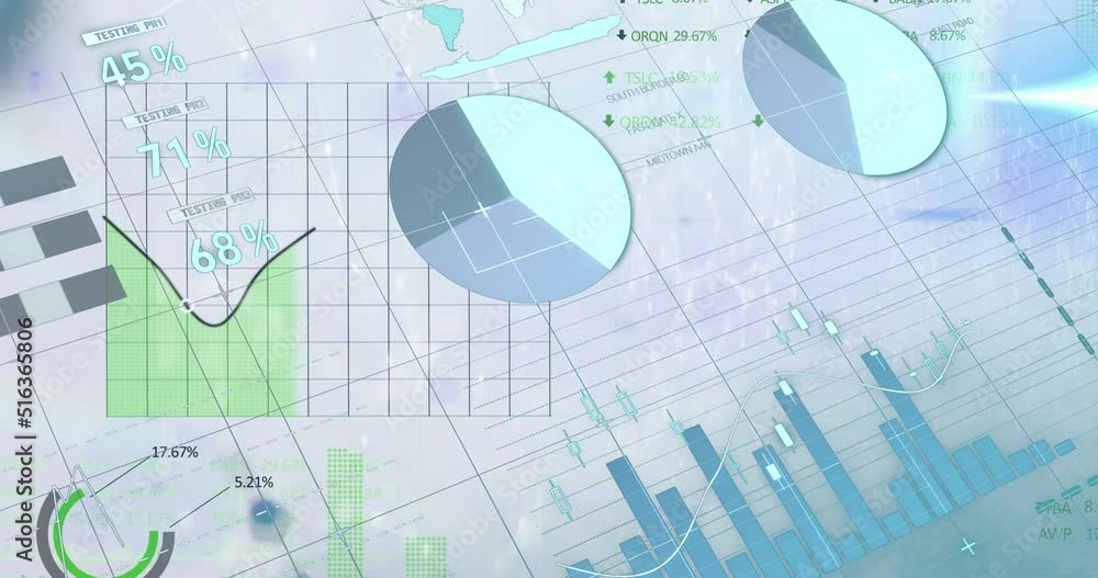 Animation of financial data processing over clouds and sky Animation of financial data processing over clouds and sky