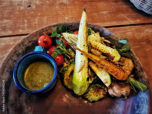 Photography Closeup of roasted vegetables on a plate from a restaurant in San Cristobal, Chi