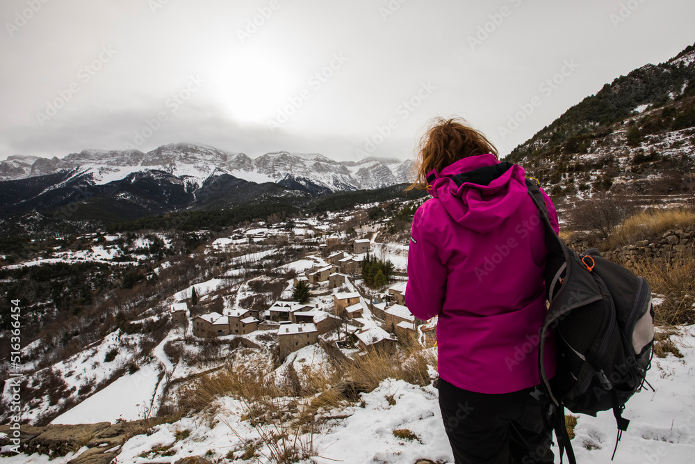 Obraz premium Young hiker girl enjoying in Querforadat, Cerdanya, Pyrenees, Spain