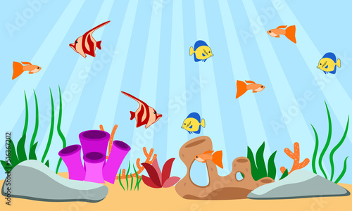 Seascape of life - ocean and underwater world with different inhabitants. For print, create video or web graphic design, user interface, card, poster.