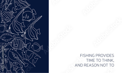 Set of posters of fishes and seafood in a abstract draw design. Label or poster, price tag. Simple, flat design. Patterns and backgrounds. Perfect for poster, cover, banner.