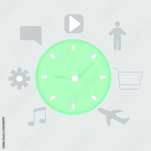 time management in the form of a green clock around which icons of things to do