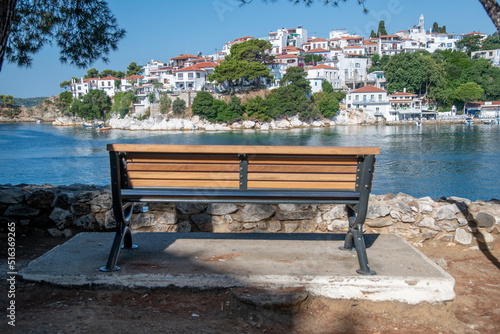 Wooden bench with a view on the island port