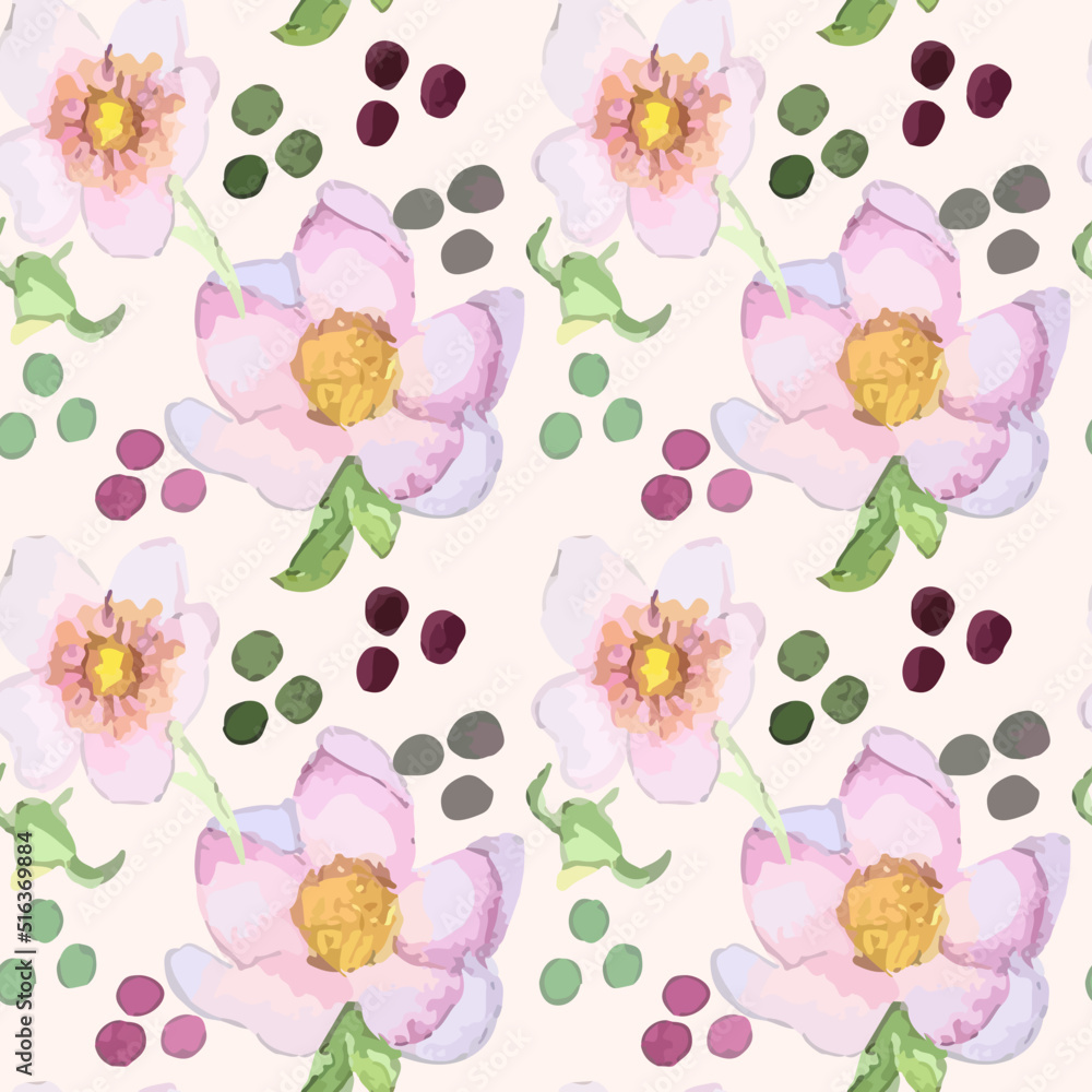 Watercolor hand drawing, vector, pattern, background, wallpaper, seamless, flowers, dots, blobs, leaves