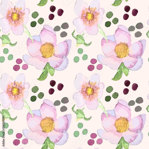 Watercolor hand drawing, vector, pattern, background, wallpaper, seamless, flowers, dots, blobs, leaves