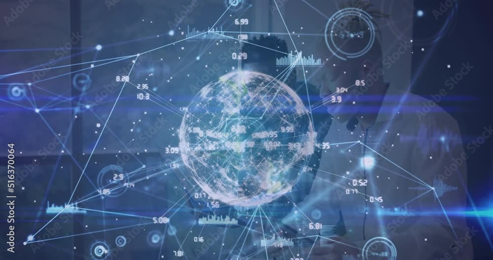 Animation of network of connections and globe over two diverse business people Animation of network of connections and globe over two diverse business people