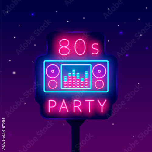 Retro 80s party neon signboard. Shiny street advertising. Music dj mixer. Vintage light banner. Vector illustration