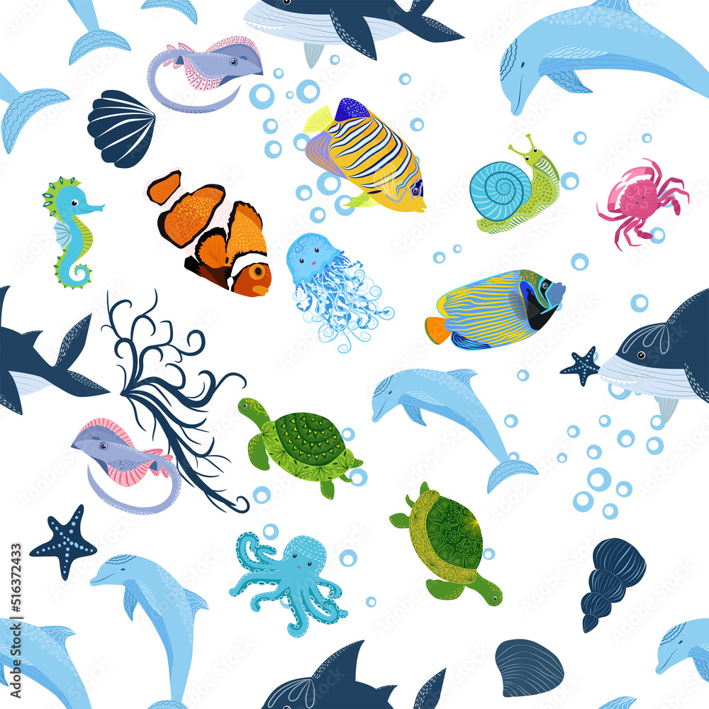 Sea inhabitants seamless pattern, beautiful character among seashells, seaweed, starfish, sea animals wildlife Sea inhabitants seamless pattern, beautiful character among seashells, seaweed, starfish, sea animals wildlife