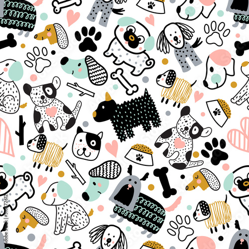 Cute doggie. Funny children's seamless pattern. Can be used in textile industry, paper, background, scrapbooking.Vector.