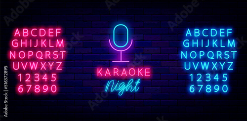 Karaoke night neon sign. Shiny blue and pink alphabet. Microphone icon. Light promotion banner. Vector illustration
