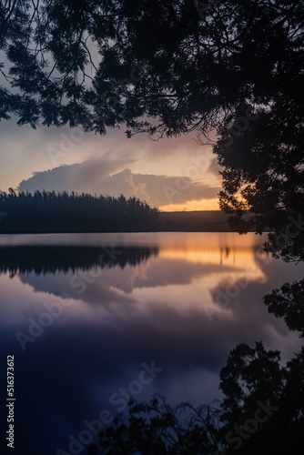 Serene view of a lake during sundown captured using long exposure with perfect reflection