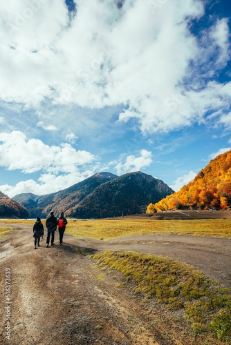 Three people walking to forested mountains in autumn in Conguillio National Park, Temuco, Chile photo