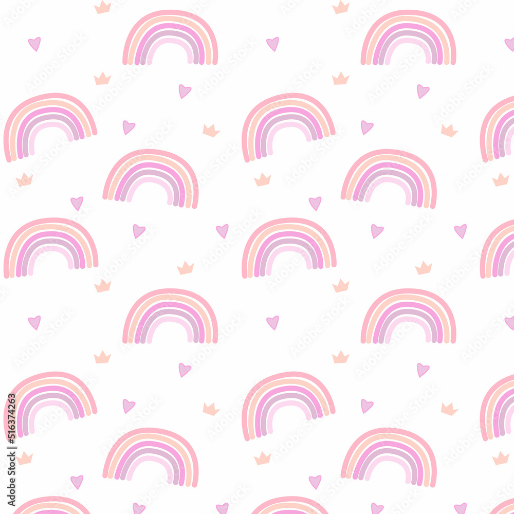 Seamless Pattern with rainbow,hearts and crown.Hand drawn pattern for fabric, wallpaper, clothes, swaddles, apparel, planner, sticker.Vector illustration Seamless Pattern with rainbow,hearts and crown.Hand drawn pattern for fabric, wallpaper, clothes, swaddles, apparel, planner, sticker.Vector illustration