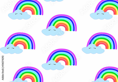 Colorful rainbow seamless pattern with clouds isolated blue background. Hand drawn texture for fabric  wrapping  textile  wallpaper  apparel. Vector illustration
