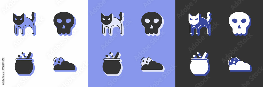 Set Moon and stars, Black cat, Halloween witch cauldron and Skull icon. Vector Set Moon and stars, Black cat, Halloween witch cauldron and Skull icon. Vector