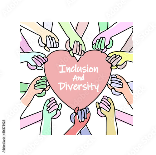 Inclusion and diversity concept. Multiethnic diverse hands hold each other and form a heart. Inscription inclusion and diversity inside the heart