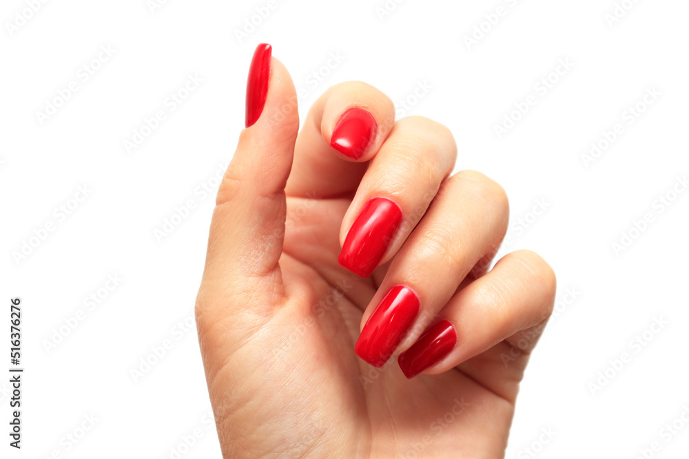 Beautiful female hands with a bright red matte manicure on a background of  denim. Stylish oval nail design. Summer manicure. Copy space. 26813850  Stock Photo at Vecteezy