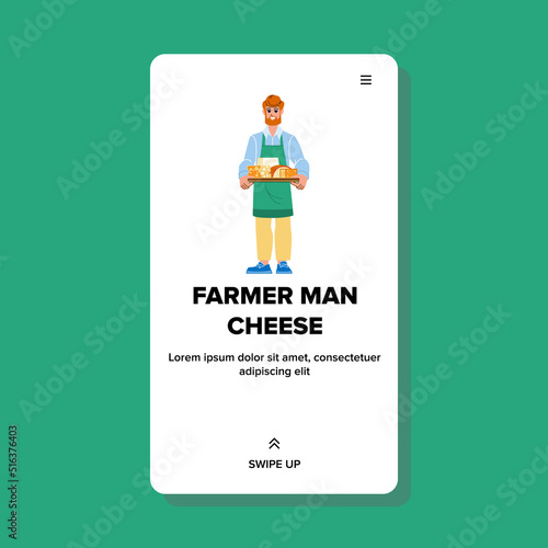 farmer man cheese vector. farm dairy, holding food, young worker farmer man cheese web flat cartoon illustration