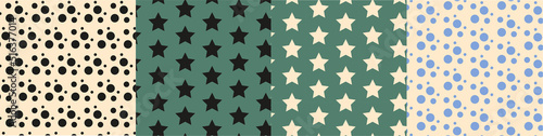 Stars and polka dots seamless pattern, green and white texture, background, wallpapers, ornament for textiles,  wrapping paper, fabric, packaging design, cover design, web, prints. Vector illustration