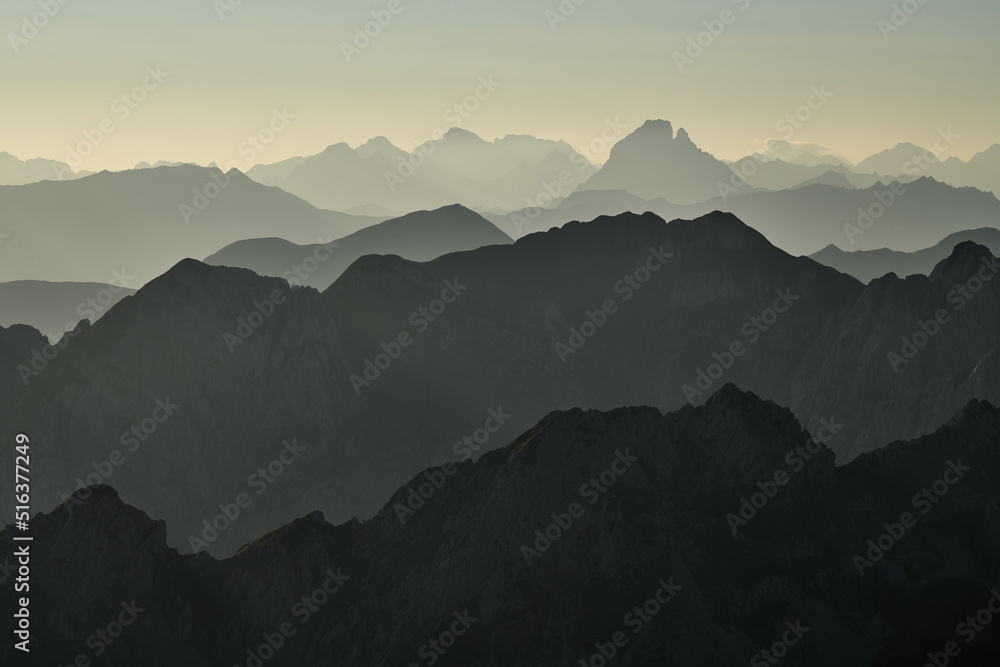 View of the Pyrenees at sunrise with the Midi d'Ossau in the top