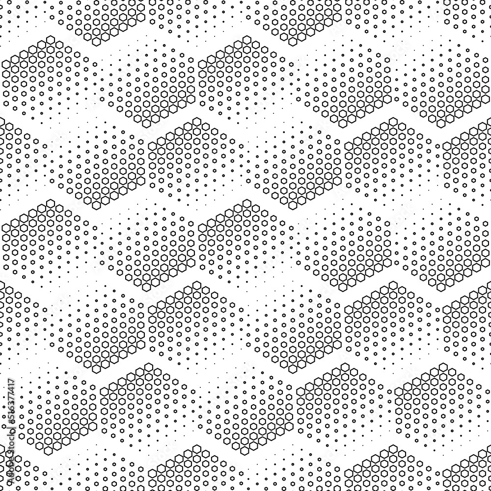 Vector illustration. The texture of the contour hexagon. Black and white geometric seamless pattern. Mosaic abstract background. Hexagonal repeating geometric polygon texture.