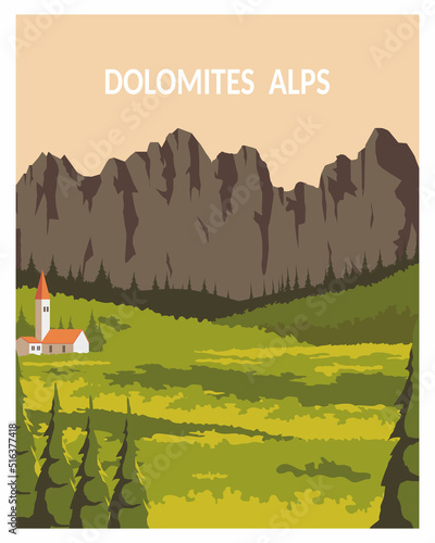 Dolomites of northeastern Italy landscape background. vector illustration for poster, postcard, art print with minimalist style.