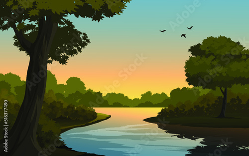 sunset over the river with forest
