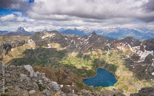 View from the summit of Pico Cotiella with the Ip lake and Pyrenees ridge