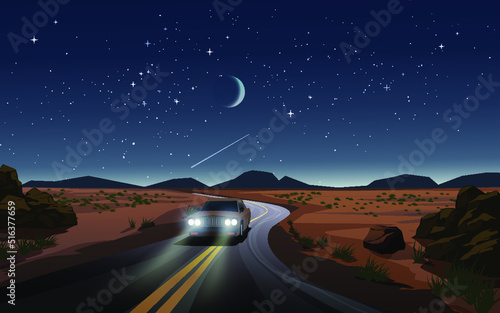 Fototapeta Naklejka Na Ścianę i Meble -  highway in desert in the night with car