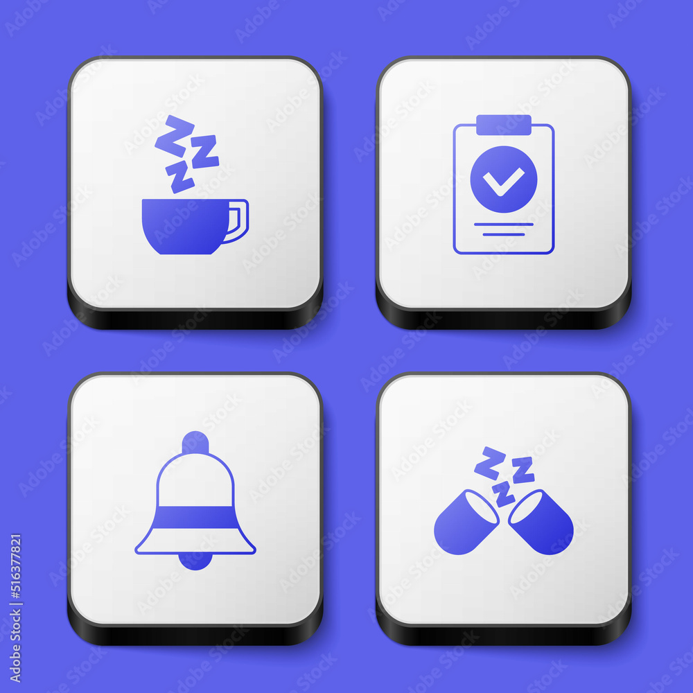 Set Chamomile tea, Medical prescription, Ringing bell and Sleeping pill icon. White square button. Vector