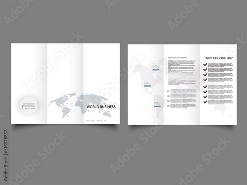 Brochure with world map. Trifold flyer for business.