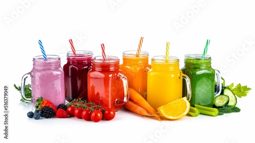 Canvas Print Closeup of glasses of fresh juice with fruits and vegetables isolated on a white